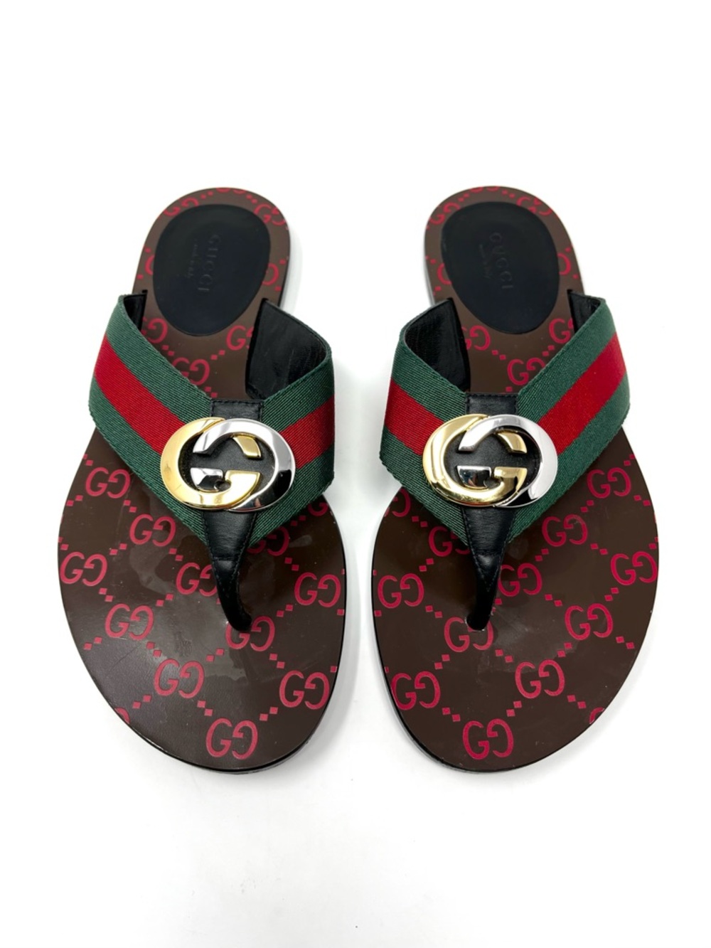 Gucci Kika Interlocking GG Logo Thong Sandals Flip Flops Flat Gold Silver 36.5